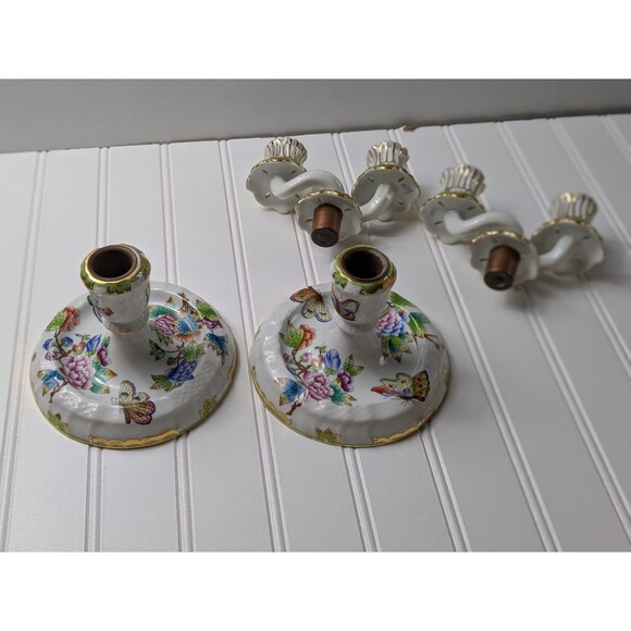 Herend Queen Victoria Green Border Double Candlesticks Set of 2 - Picture 7 of 16